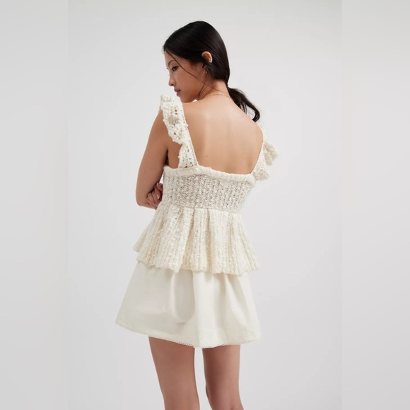 UO Kimchi Blue Cream Bea Ruffle Knit Sweater Babydoll Peplum Tank Top Bow - Picture 3 of 11